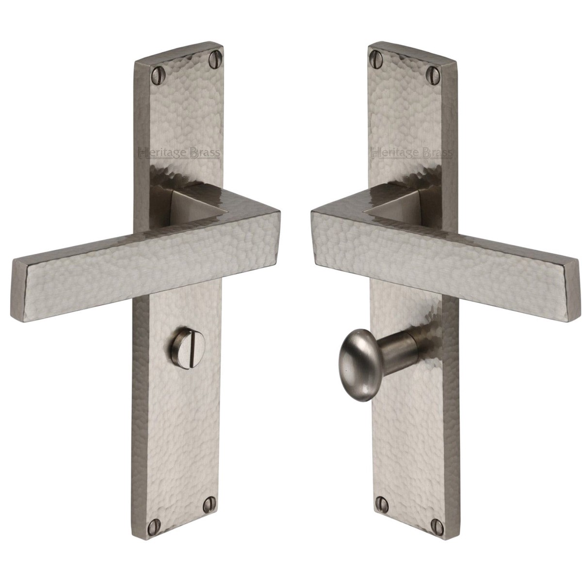 Heritage Brass Delta Hammered Bathroom Set Door Handle on 200mm Plate Satin Nickel Finish