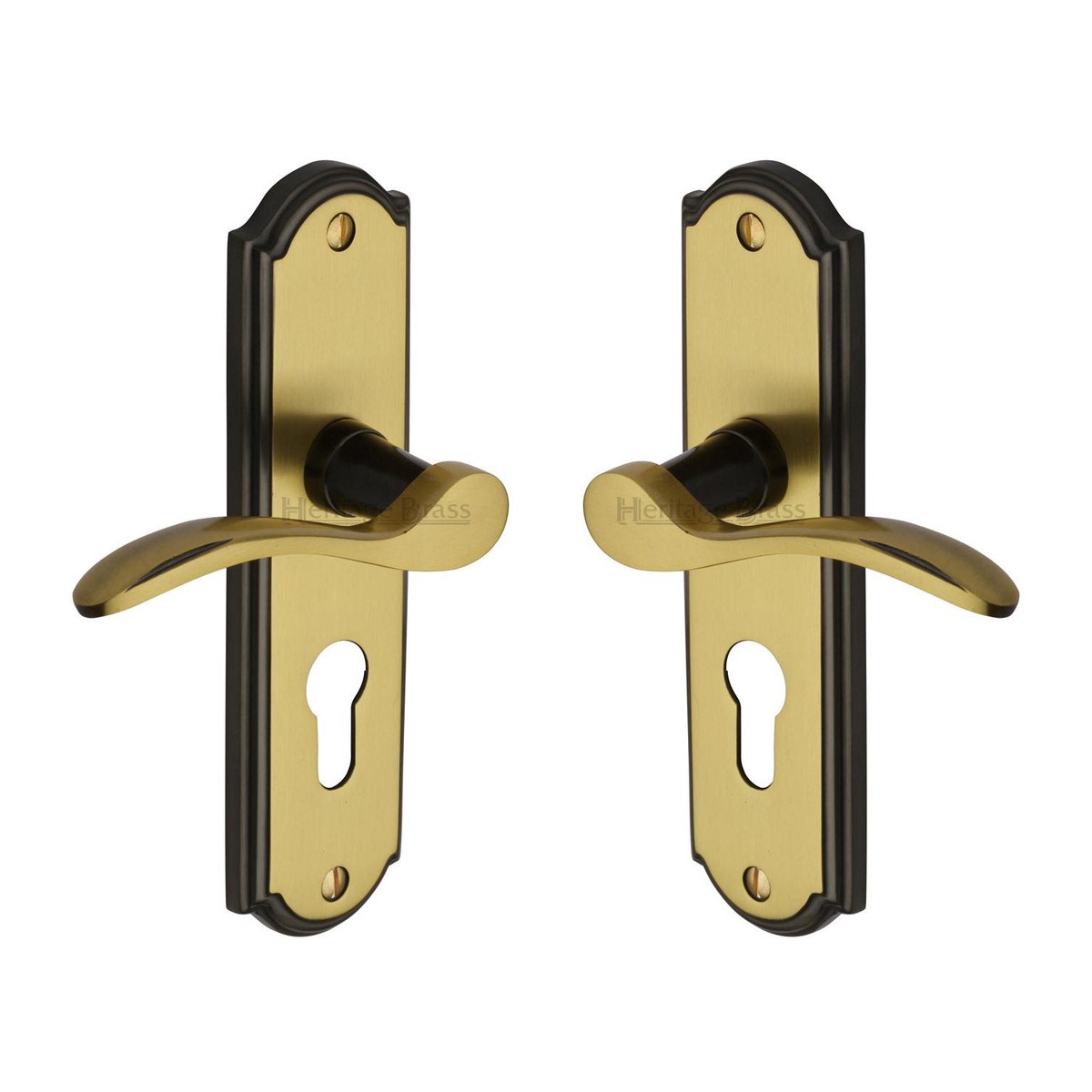 Heritage Brass Door Handle for Euro Profile Plate Howard Design Patina & Satin Brass Finish