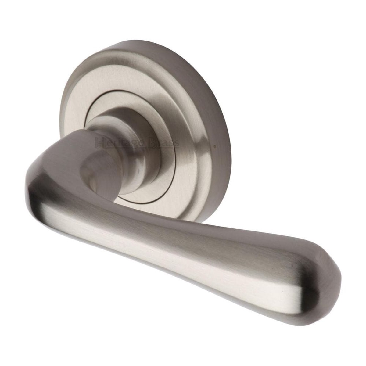 Heritage Brass Door Handle Lever Latch on Round Rose Charlbury Design Satin Nickel Finish