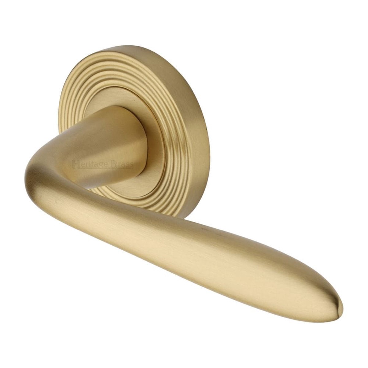 Heritage Brass Door Handle Lever Latch on Round Rose Sutton Reeded Design Satin Brass Finish