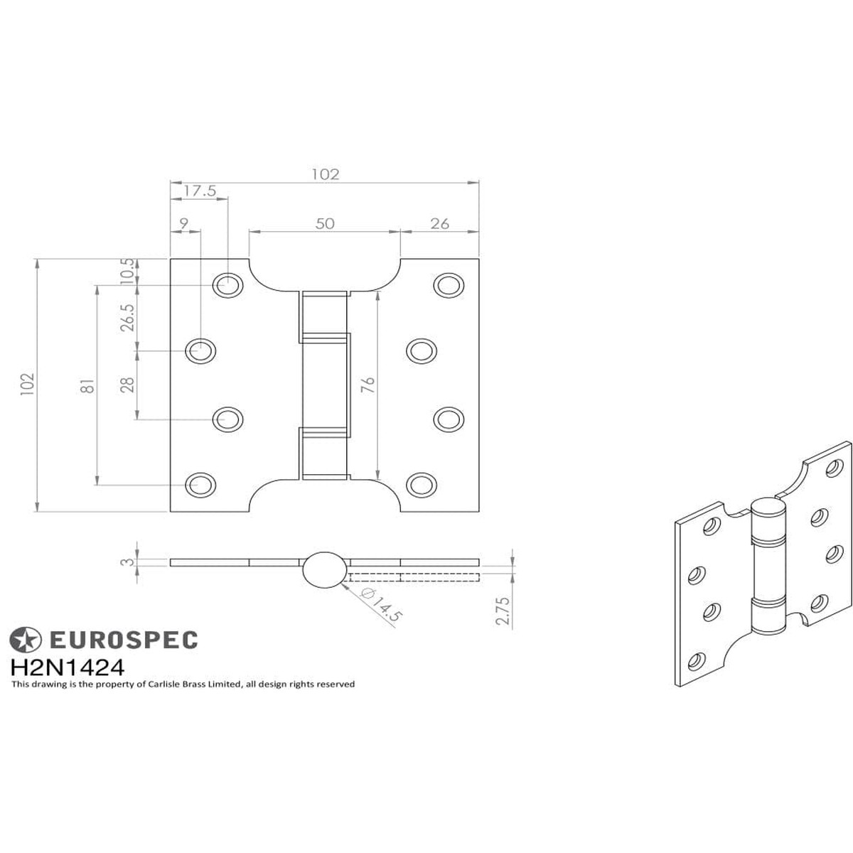 Eurospec - Enduromax Grade 13 Parliament Hinge 102 x 102mm - PVD