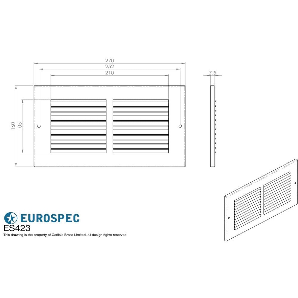 Eurospec - Louvre Grille Face Plate Cover 270 x 270mm - Silver