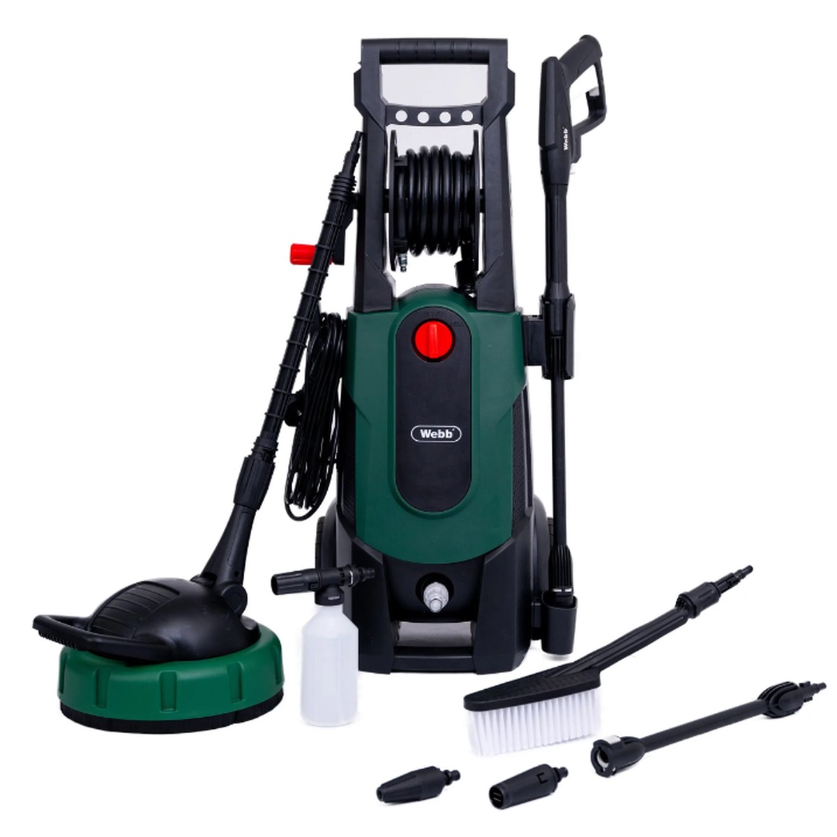 Webb Pressure Washer 2200w 165 Bar with Wash Brush, 6m HP Hose Reel, Foam sprayer, Ptio Cleaner & 2 x nozzles